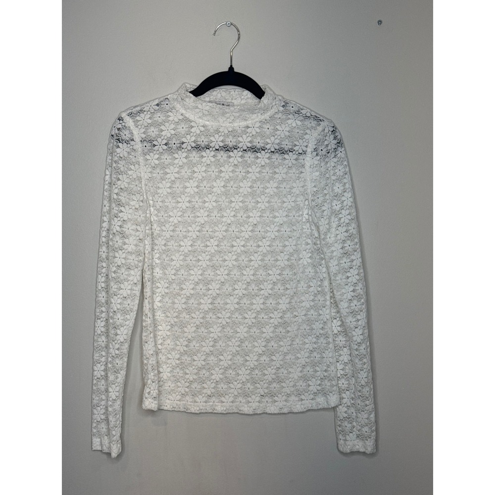 White Birch Womens Medium Floral Lace Mock Neck Long Sleeve Sheer Top Ivory
